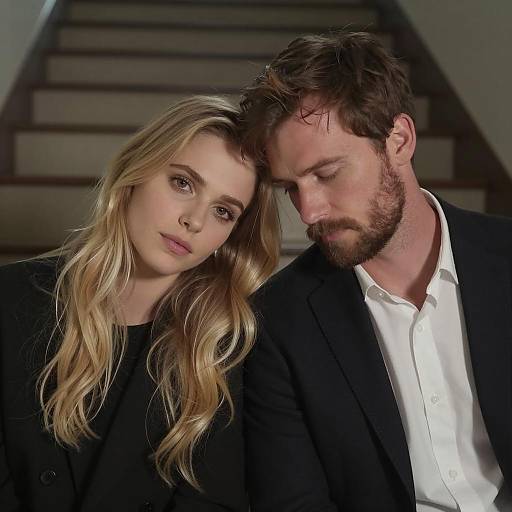 Couple sitting on stairway with neutral expressions