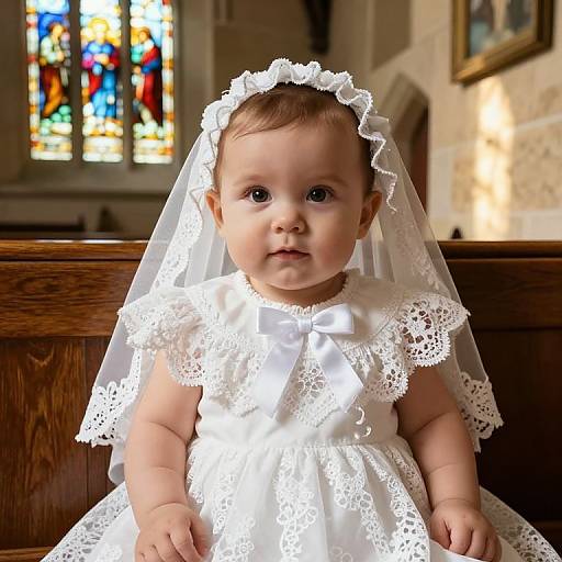 Photograph of a baby with fair skin and brown hair, wearing a white lace dress and veil, seated in a church pew with colorful stained glass windows