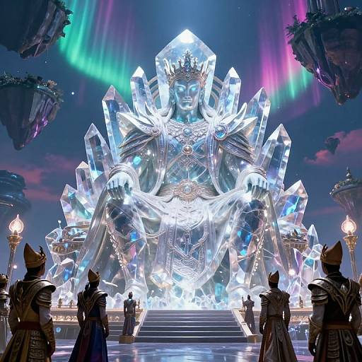 Photorealistic CGI of a glowing, crystalline throne with a glowing figure, surrounded by armored guards under a neon aurora sky.