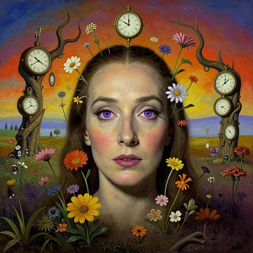 Digital artwork of a woman with purple eyes, surrounded by colorful flowers and clock faces on twisted trees, against a vibrant sunset sky.