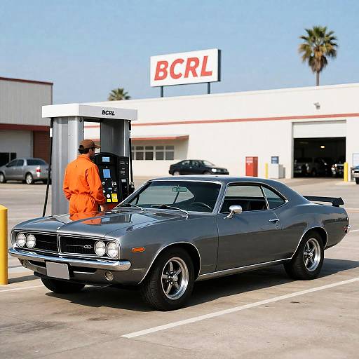 Classic Gray Muscle Car at Gas Station