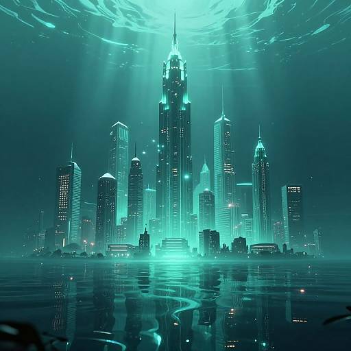 Digital artwork of a futuristic cityscape with glowing skyscrapers, illuminated by bright blue neon lights, reflected in a calm water surface under a cloudy,