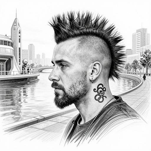 Black-and-white digital portrait of a bearded, spiked-haired man with a skull tattoo on his neck, standing by a modern waterfront cityscape.