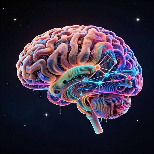 Digital CGI of a brightly colored, neon-lit human brain with intricate, glowing lines and star-like points against a dark, starry background.