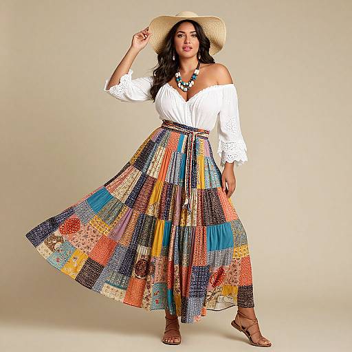 Photograph of a curvy woman with dark hair, wearing a white off-shoulder top, colorful patchwork skirt, straw hat, and blue