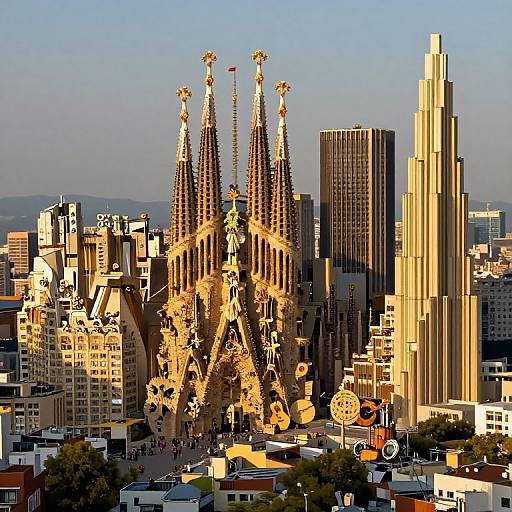 Photograph of Barcelona's Sagrada Família with its distinctive, towering spires, surrounded by modern skyscrapers and urban buildings under a clear,