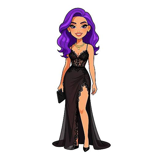 Digital illustration of a smiling woman with purple hair, wearing a black lace, thigh-high slit evening gown, holding a black clutch.