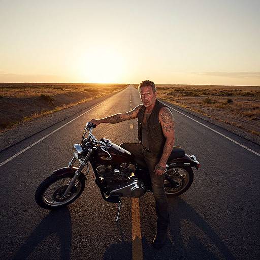 Photograph of a tattooed man with short hair, wearing a sleeveless vest and jeans, standing with a motorcycle on a desert road at sunset.