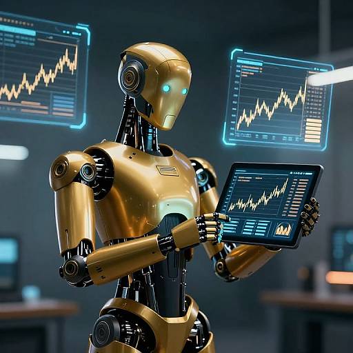 Photorealistic CGI of a golden humanoid robot with glowing blue eyes, holding a tablet displaying a rising stock chart, surrounded by two holographic monitors with
