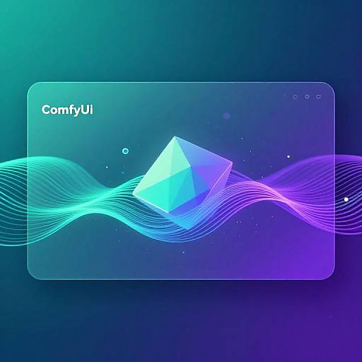 Digital art of a glowing blue and purple geometric cube floating on wavy lines, with 