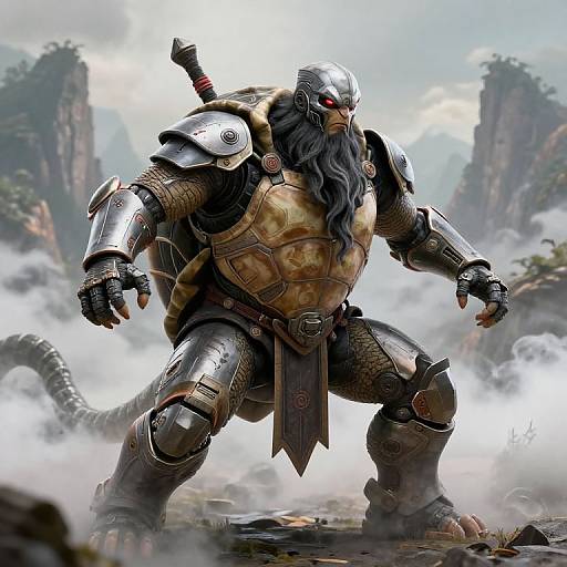 Digital art of a muscular, armored warrior with a turtle shell, long black beard, and helmet, standing in a misty, rocky landscape.