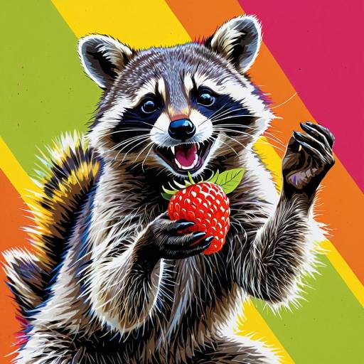 Joyful Raccoon Holding Berry in Pop Art Style