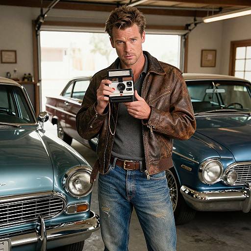 Photograph of a rugged, blue-eyed man with tousled brown hair, wearing a brown leather jacket and jeans, taking a photo with a vintage camera