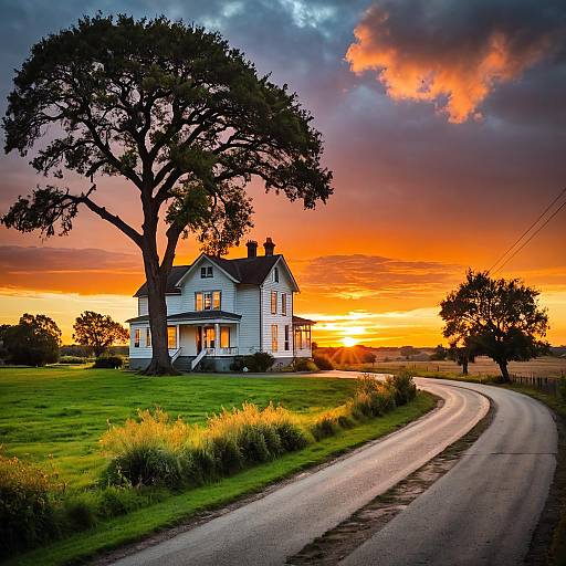 Country House Sunset with Large Tree