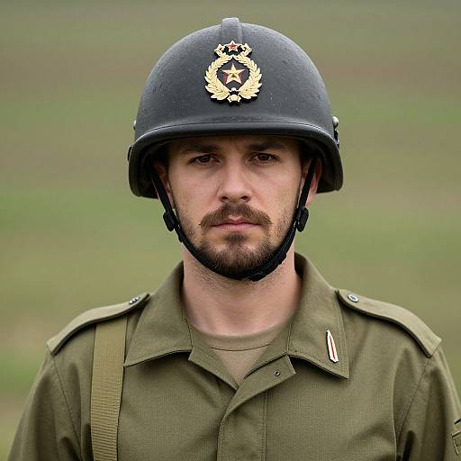 Photograph of a serious, bearded male soldier with light skin, wearing a black helmet with a gold emblem, olive green uniform, and suspenders