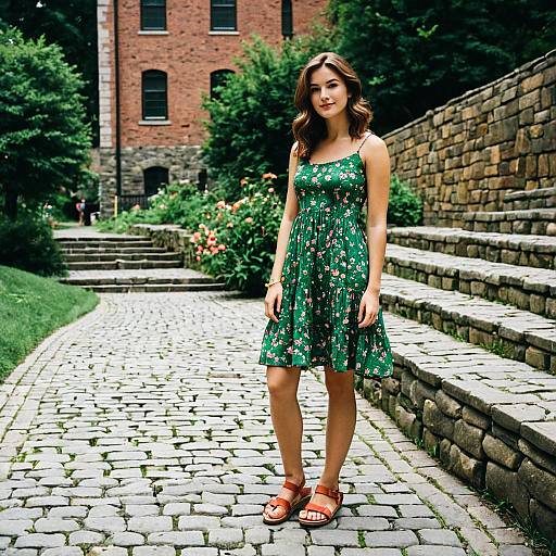 Young Woman in Floral Sundress on Cobblestone Path
