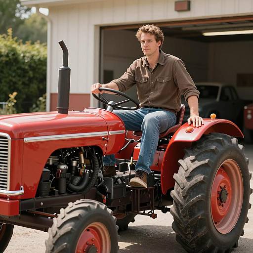 Man Relaxing on Vintage Red Tractor