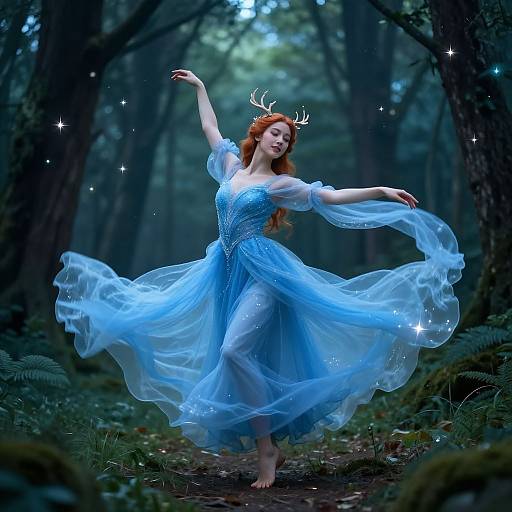 Digital artwork of a fair-skinned, red-haired woman with antlers dancing in a mystical forest, wearing a flowing, blue, star-sparked gown