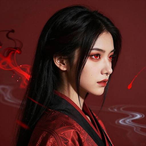 Digital artwork of an Asian woman with pale skin, red eyes, black hair, and red patterned kimono, set against a red background with swirling