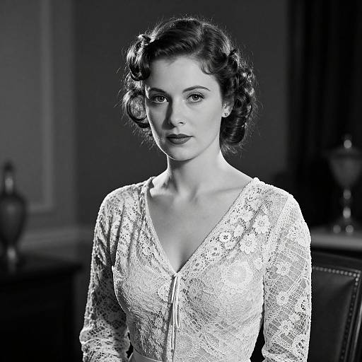 Black-and-white photograph of a 1940s-style woman with curled hair, wearing a lace, V-neck dress, standing in a dimly lit