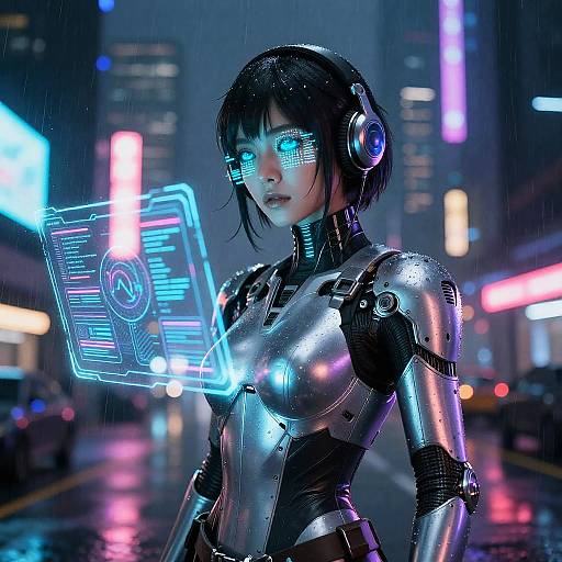 Cyberpunk cityscape at night, digital hologram in front of a woman with glowing blue eyes, black bob haircut, and metallic cybernetic