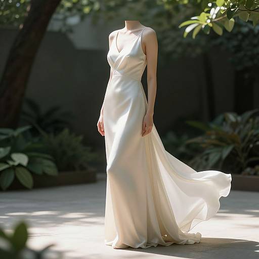 Photograph of a headless woman in a flowing, sleeveless, ivory satin wedding gown, standing in a sunlit, leafy garden.