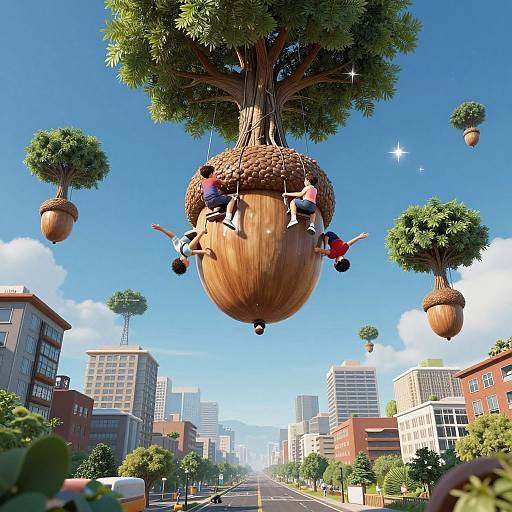 CGI image of four people hanging onto a giant, tree-like acorn suspended in a sunny urban sky, surrounded by smaller acorn trees and city