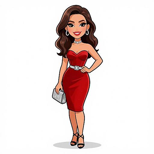 Cartoon-style illustration of a confident woman with long brown hair, wearing a strapless red dress, holding a silver clutch, and standing in black heels