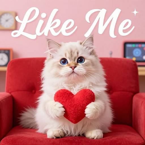 Fluffy white cat with blue eyes holding a red heart on a red chair, 