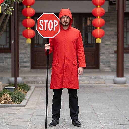 Photograph of a bearded man in a bright red raincoat holding a stop sign, standing in front of a traditional Chinese building with red lanterns