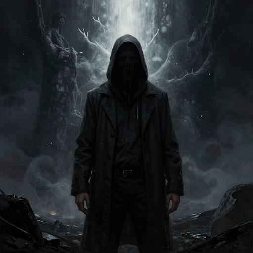 Mysterious, hooded figure in dark cloak stands center, illuminated by bright, glowing light in stormy, rocky landscape. Digital art.