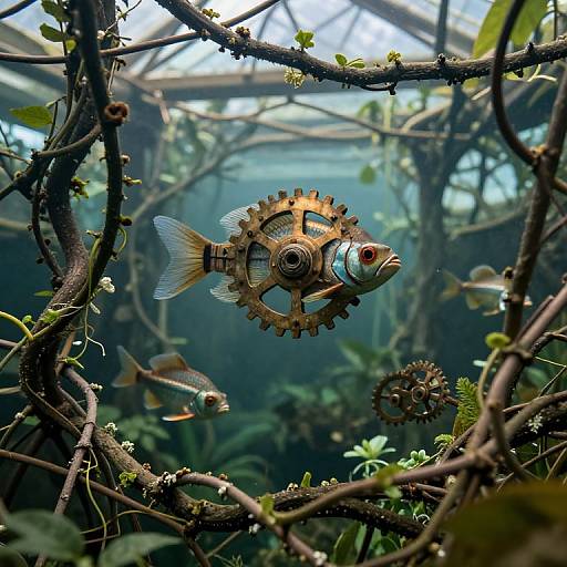 Steampunk-style fish with metal gears and brass accents floating in an underwater greenhouse, surrounded by tangled branches and greenery. Photorealistic CGI.