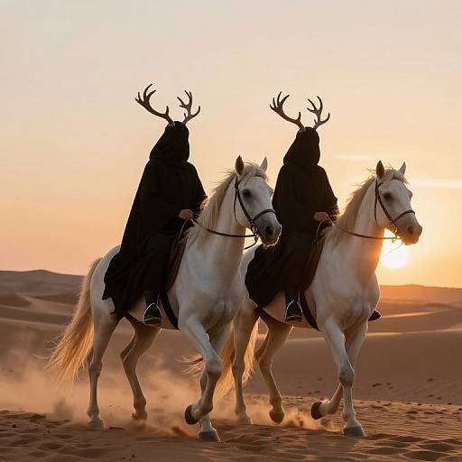 Photograph of three white horses with black cloaks and antlers galloping in a desert at sunset, kicking up dust.