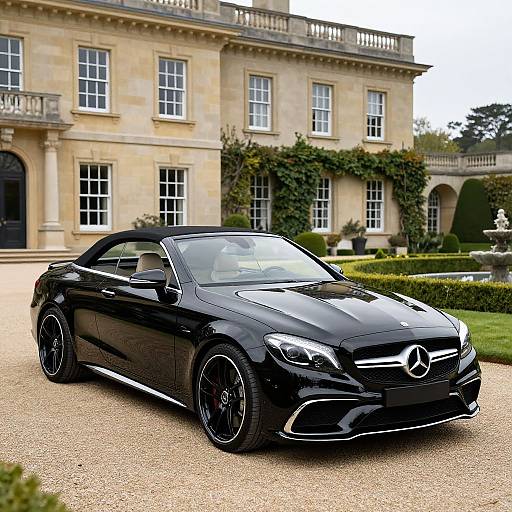 Photograph of a sleek, black Mercedes-Benz convertible with shiny chrome accents parked on a gravel driveway in front of a grand, beige, stone mansion with