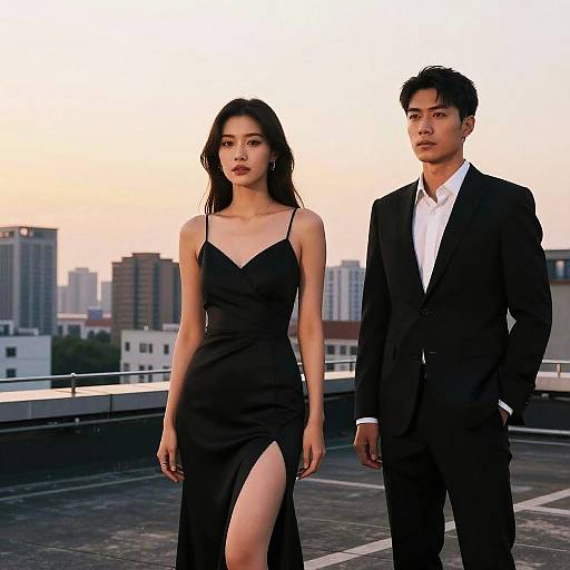 Photograph of an Asian couple on a rooftop at sunset, woman in a black, strapless, thigh-slit dress, man in a black suit