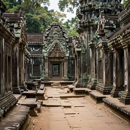 Photograph of an ancient, weathered stone temple courtyard with intricate carvings, moss-covered pillars, and a central door, surrounded by lush green