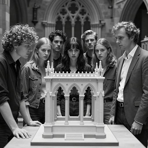 Group Observing Gothic Building Model