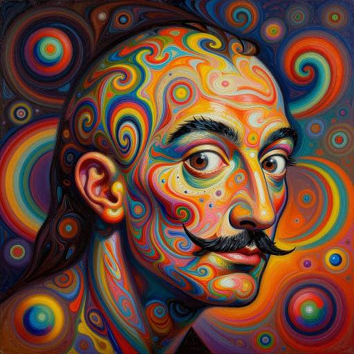 Vibrant digital painting of a stylized male face with colorful, swirling patterns, large eyes, and a mustache, set against a psychedelic background