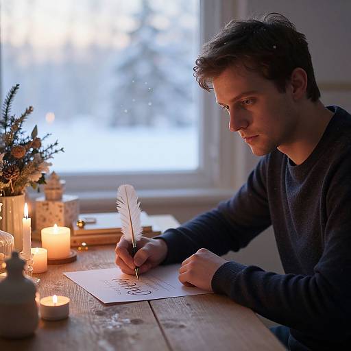 Photograph of a focused young man with short brown hair, wearing a dark sweater, writing with a feather quill by candlelight on a wooden table