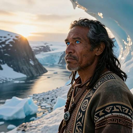 Photograph of a rugged, grey-haired indigenous man with blue eyes, wearing traditional patterned clothing, standing in a snowy, icy Arctic landscape with a