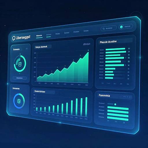 Digital interface screenshot showing a blue neon-lit Ubiquiti dashboard with graphs, bars, and charts, including line graphs and bars, set against a