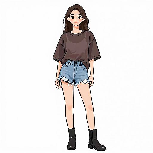 Digital illustration of a young woman with long black hair, wearing a black t-shirt, frayed denim shorts, and black ankle boots.