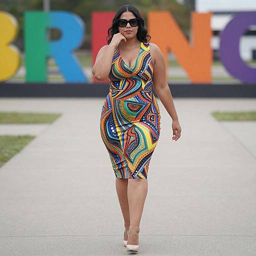 Confident Curvy Woman in Patterned Dress
