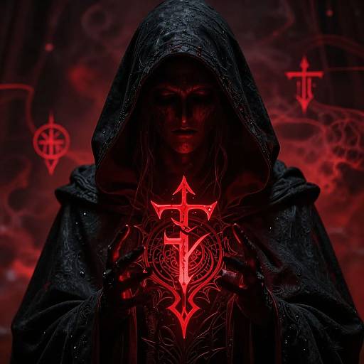 Mysterious Gothic Figure with Crimson Symbols
