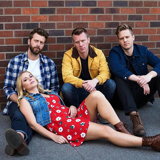 Group of Four Sitting Against Brick Wall