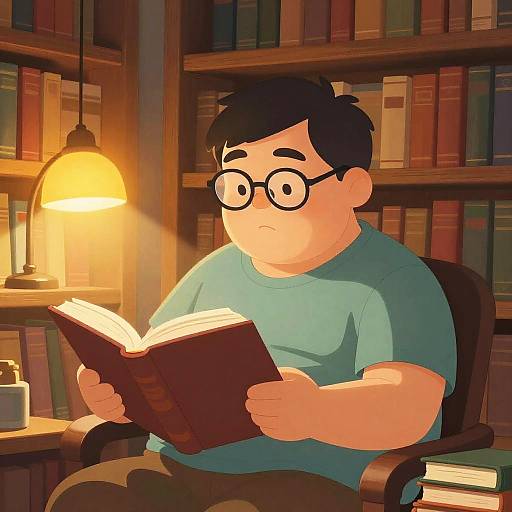 Digital illustration of a chubby, bespectacled man with black hair, wearing a teal shirt, reading a book in a warm, lit library.