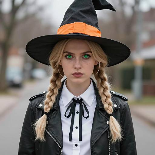Young Woman in Witch Costume with Green Eyes