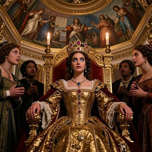 Photograph-style digital artwork of a regal woman with blue eye makeup, golden dress, and crown, seated on an ornate throne, surrounded by