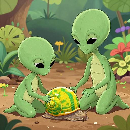 Digital illustration of two green alien children with large black eyes, kneeling in a colorful forest, gently touching a yellow and green striped snail.