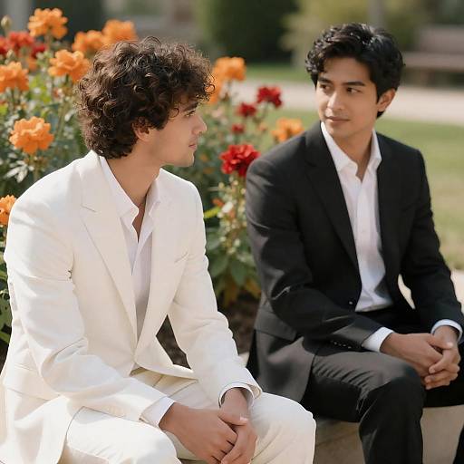 Photograph of two young men in formal attire; one in white, the other in black, sitting outdoors with vibrant orange and red flowers in the background
